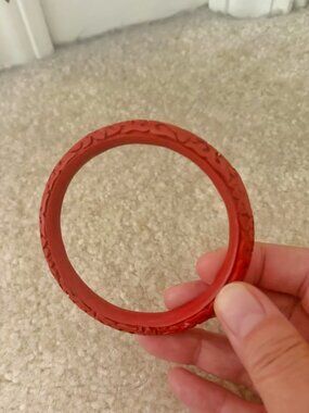 Vintage Thin Red Cinnabar Etched Floral Carved Scrollwork Bangle Bracelet